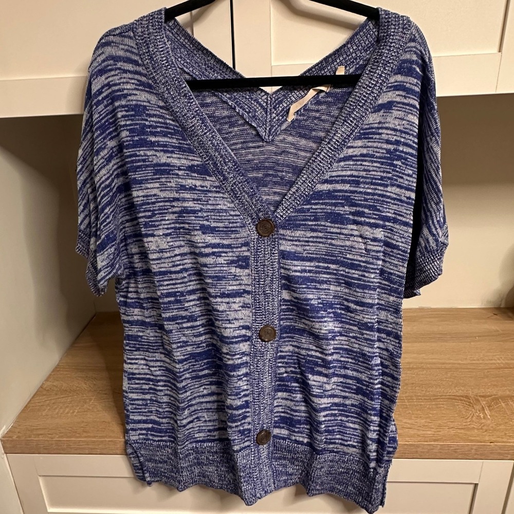 Soft Surroundings V-Neck Coastal Cardigan Sweater Blue Space Dye Short Sleeve M